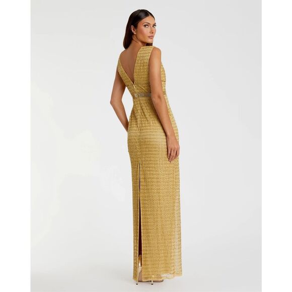 MAC DUGGAL Gold Beaded Cap Sleeve V Neck Column Gown In Gold US 2 $598 - Picture 3 of 10
